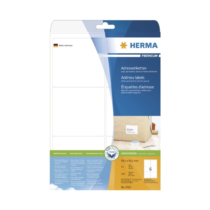 Adresné štítky HERMA Premium A4 99,1x93,1 mm biely matný papier 150 ks.