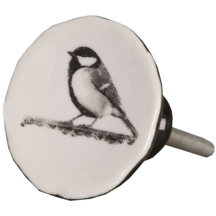 Clayre & Eef 62343 Kľučka na dvere Ø 4 cm bielo-čierna Keramické vtáky okrúhle