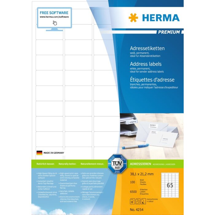 Adresné štítky Premium A4 38,1x21,2 mm okrúhle rohy biely matný papier 6500 ks.