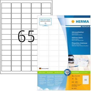 Adresné štítky Premium A4 38,1x21,2 mm okrúhle rohy biely matný papier 6500 ks.
