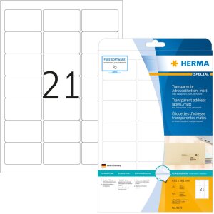 Adresné štítky transparentné matné A4 63,5x38,1 mm okrúhle rohy Fólia 525 ks.