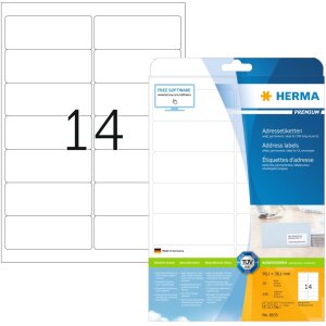 Adresné štítky Premium A4, biely papier 99,1x38,1 mm matný 140 ks.
