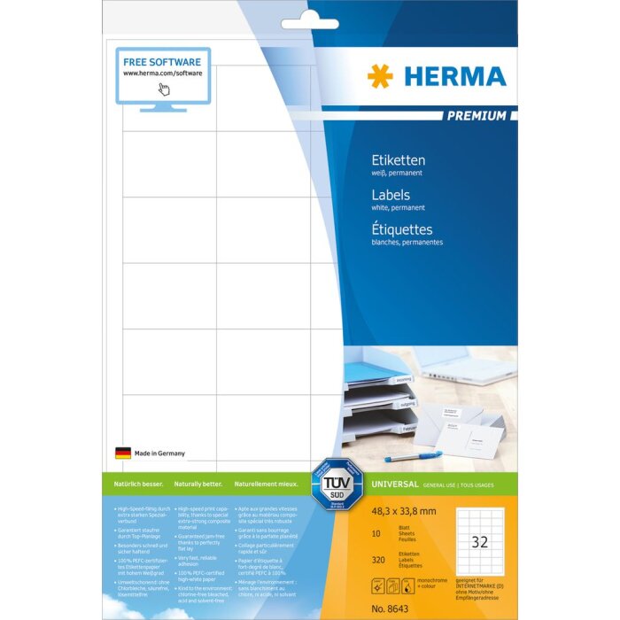 Štítky Premium A4, biely 48,3x33,8 mm matný papier 320 ks.