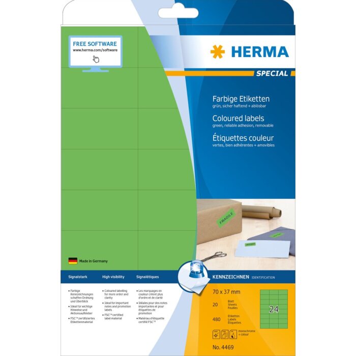 Štítky HERMA A4 zelené 70x37 mm papier matný 480 kusov