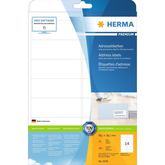 Adresné štítky Premium A4, biely papier 99,1x38,1 mm matný 350 ks.