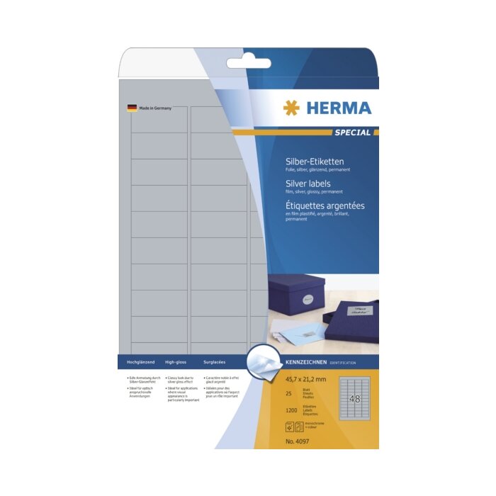 Štítky A4 strieborné 45,7x21,2 mm fólia lesklá 1200 ks.