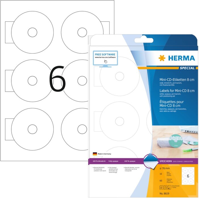 HERMA CD etikety mini A4 biely Ø 78 mm papier matný nepriehľadný 60 ks.