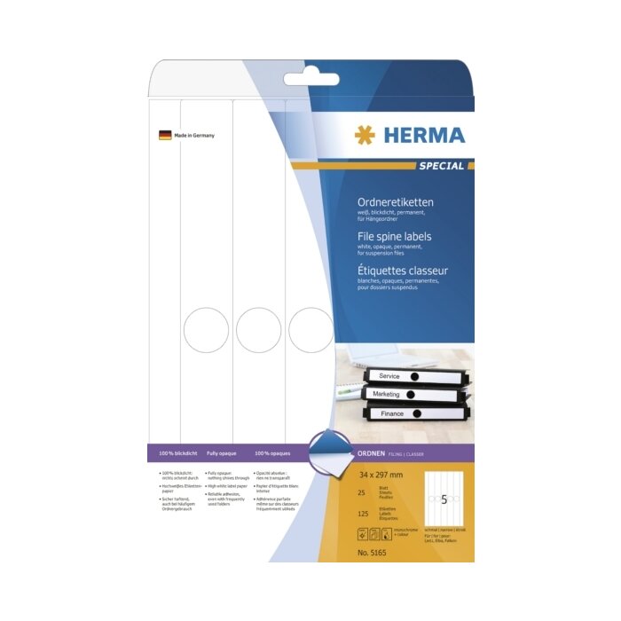 Závesné štítky na spisy A4 biele 34x297 mm matný papier nepriehľadný 125 ks.