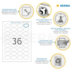 HERMA etikety A4 biela 40,6x25,4 mm oválne Pohyblivé-šúpacie papier matný 900 ks.