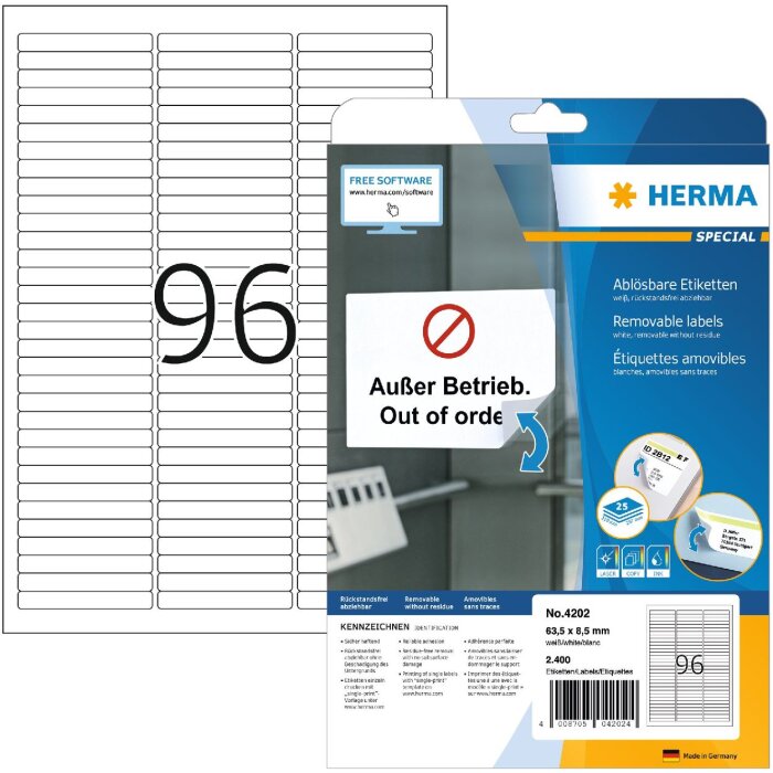 Štítky A4 biele 63,5x8,5 mm Pohyblivý snímateľný papier matný 2400 ks.