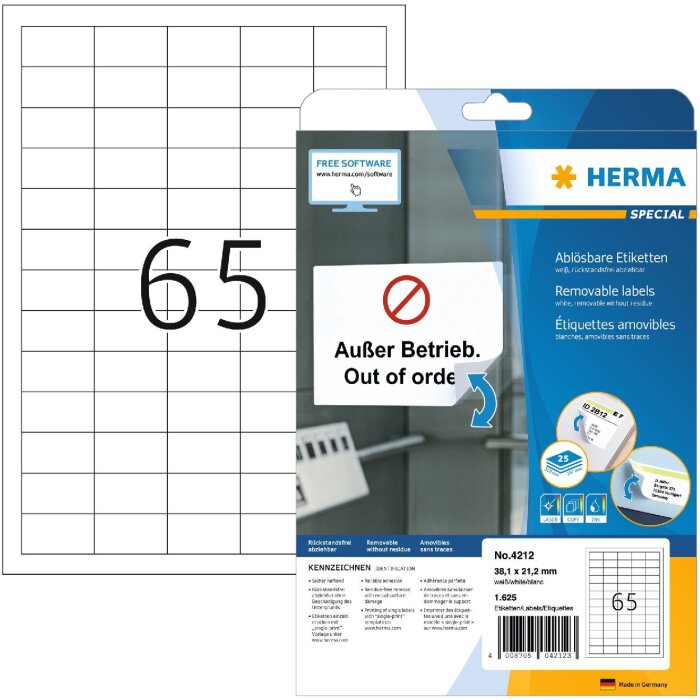 Štítky A4 biele 38,1x21,2 mm Pohyblivý snímateľný papier matný 1625 ks.
