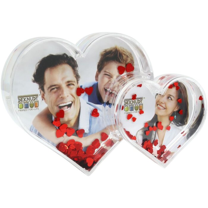 Dvojité fotografické srdce z akrylskla s červenými trblietavými srdiečkami