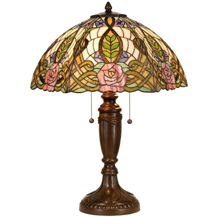LumiLamp 5LL-5370 Tiffany stolová lampa Ø 47x61 cm zelená ružová sklenená ruža polkruhová