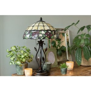 LumiLamp 5LL-5785 Stolná lampa Tiffany Ø 35x61 cm Béžová zelená sklenená ruža