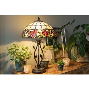 LumiLamp 5LL-5785 Stolná lampa Tiffany Ø 35x61 cm Béžová zelená sklenená ruža