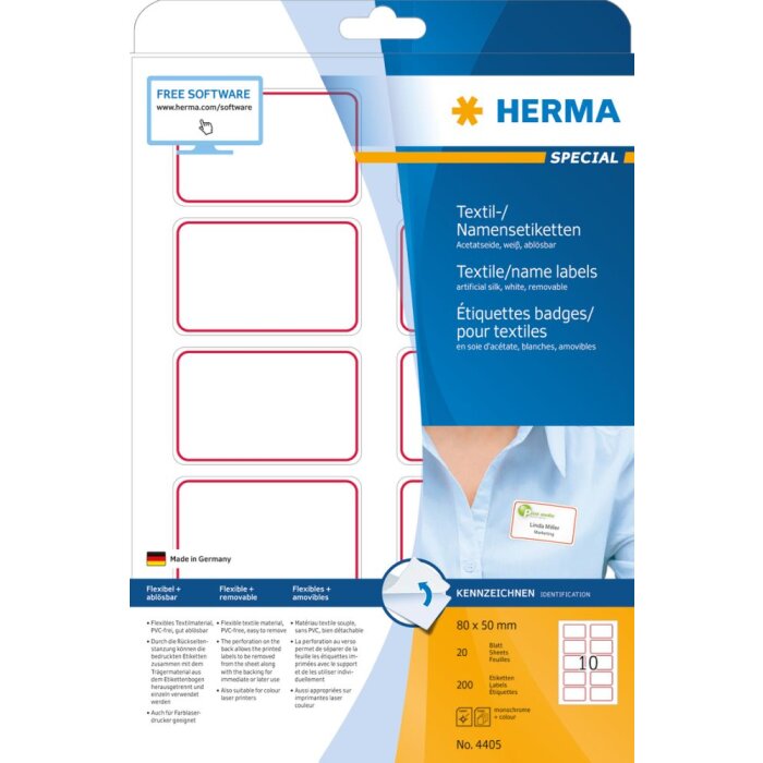 Štítky Herma SPECIAL, odnímateľné, A4, 80,0 x 50,0 mm, biely červený okraj, z acetátového hodvábu, s možnosťou potlače
