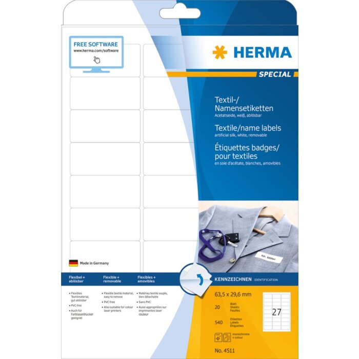 Štítky Herma SPECIAL, odnímateľné, A4, 63,5 x 29,6 mm, biele, z acetátového hodvábu, s možnosťou tlače