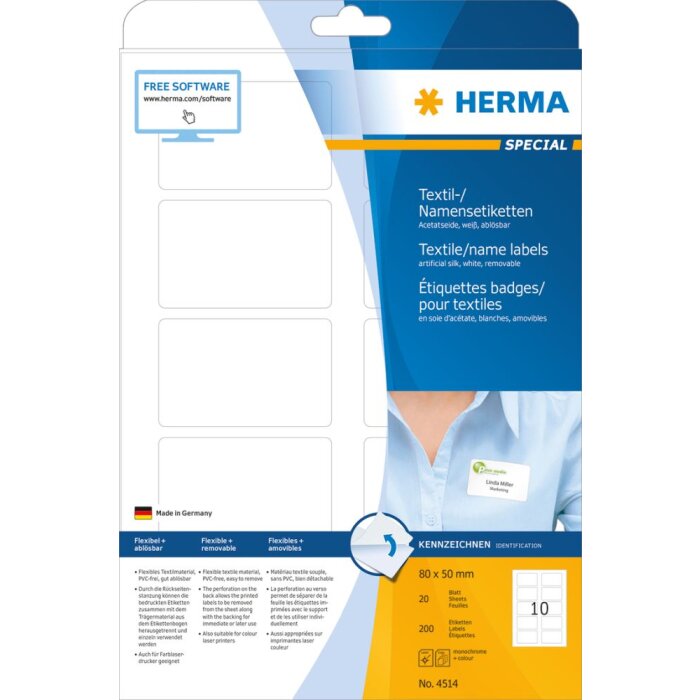 Štítky Herma SPECIAL, odnímateľné, A4, 80 x 50 mm, biele, oddeliteľné, z acetátového hodvábu, s možnosťou tlače