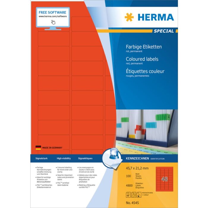 Farebné štítky Herma SPECIAL, A4, 45,7 x 21,2 mm, červené, permanentné lepidlo