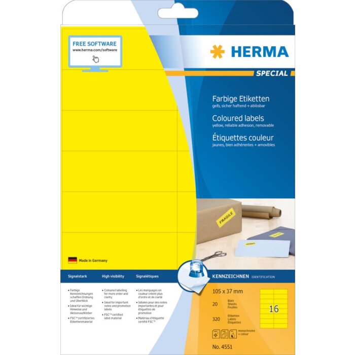 Farebné etikety Herma SPECIAL A4, 105 x 37 mm, žltý snímateľný matný papier