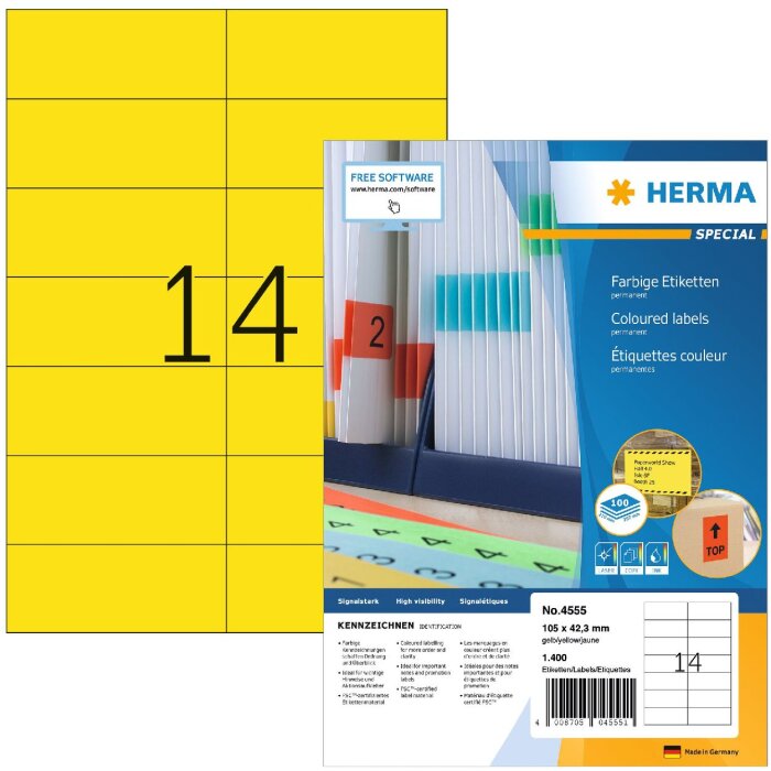 Farebné štítky Herma SPECIAL, A4, 105 x 42,3 mm, žlté, permanentné lepidlo