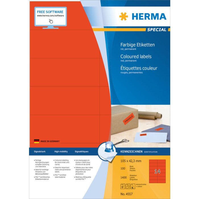 Farebné štítky Herma SPECIAL, A4, 105 x 42,3 mm, červené, permanentné lepidlo