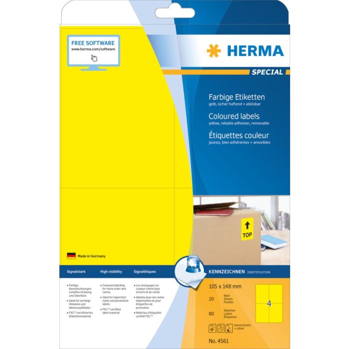 Farebné etikety Herma SPECIAL, A4, 105 x 148 mm, žlté, odnímateľné
