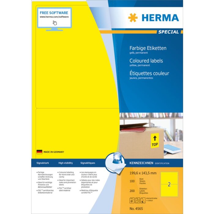 Farebné etikety Herma SPECIAL, A4, 199,6 x 143,5 mm, žlté, permanentné lepidlo