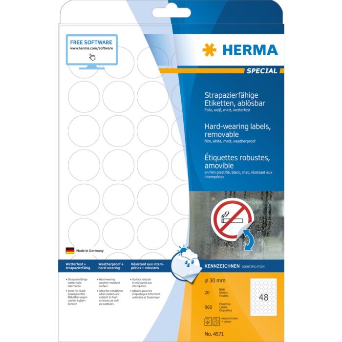 Herma SPECIAL Fóliové etikety odolné voči poveternostným vplyvom, A4, Ø 30 mm, biele, extrémne silná priľnavosť, odnímateľné