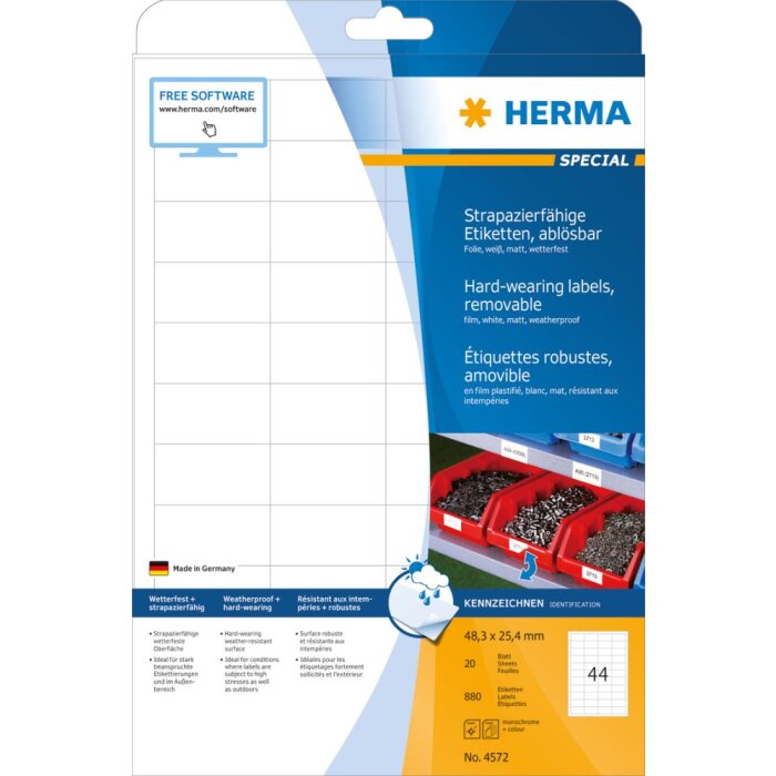 Herma SPECIAL Fóliové etikety odolné voči poveternostným vplyvom, A4, 48,3 x 25,4 mm, biele, extrémne silná priľnavosť, odnímateľné