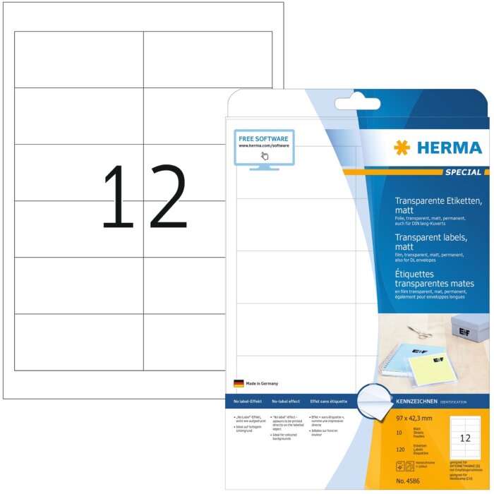 Herma SPECIAL Priehľadné fóliové etikety, matné, A4, 97 x 42,3 mm, odolné voči poveternostným vplyvom, permanentné lepidlo