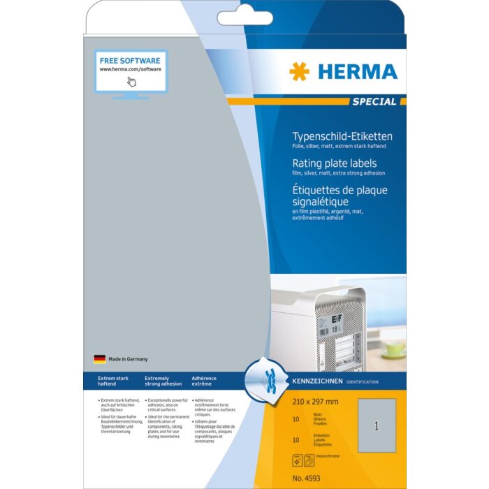 Štítky Herma SPECIAL, strieborné, A4, 210 x 297 mm, extrémne silné lepidlo, odolné voči poveternostným vplyvom, odolné proti roztrhnutiu