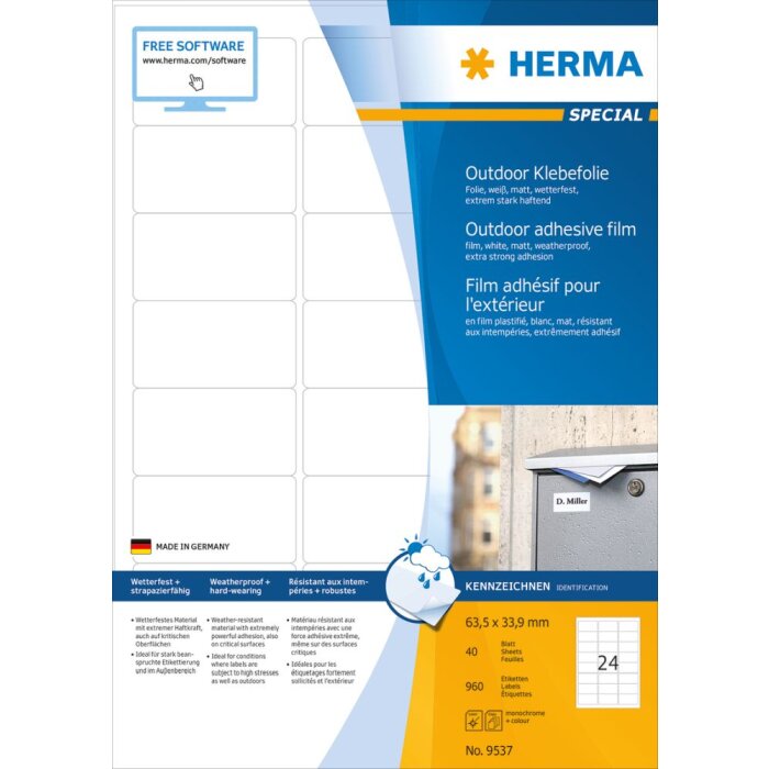 Herma SPECIAL Vonkajšie fóliové etikety odolné voči poveternostným vplyvom, A4, 63,5 x 33,9 mm, biele, extrémne silná priľnavosť, roztiahnuteľné