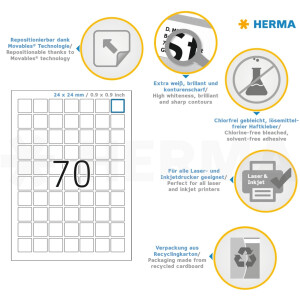 Herma SPECIAL Odnímateľné etikety A4, 24 x 24 mm, biele, štvorcové, opakovane lepiace