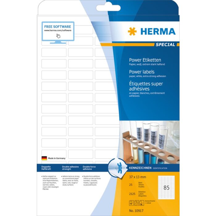 Štítky Herma SPECIAL Power A4, 37 x 13 mm, biele, extrémne silné lepidlo, z papiera