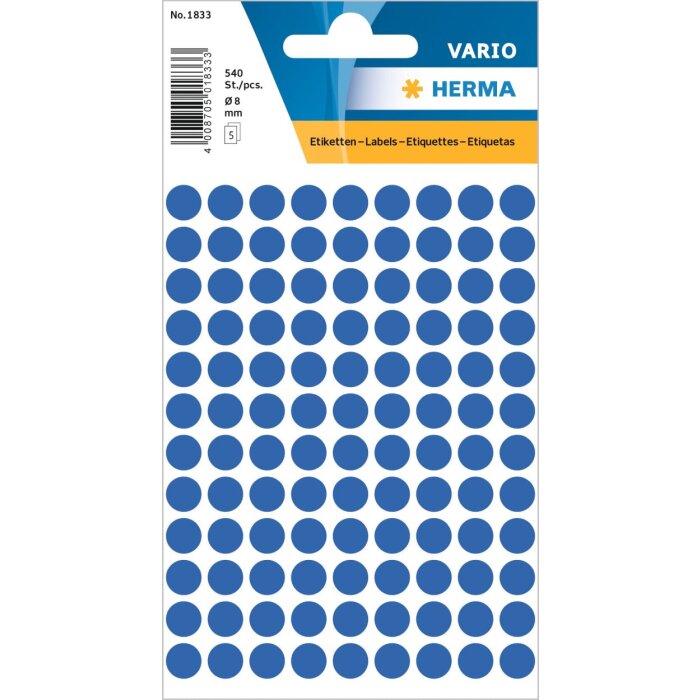 Viacúčelové etikety modré Ø 8 mm okrúhly papier matný 540 ks.
