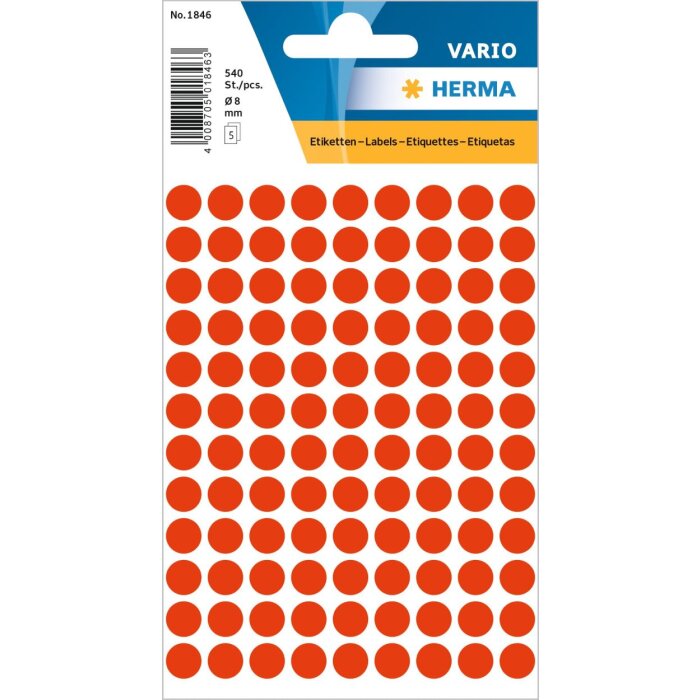 Viacúčelové etikety červené Ø 8 mm okrúhly papier matný 540 ks.