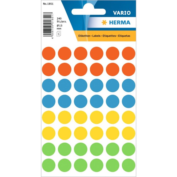 Viacúčelové etikety rôznych farieb Ø 12 mm okrúhly matný papier 240 ks.