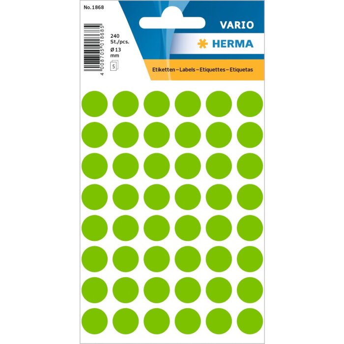 Viacúčelové etikety zelené Ø 12 mm okrúhly papier matný 240 ks.