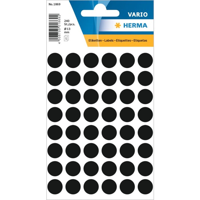 Viacúčelové etikety čierne Ø 12 mm okrúhly papier matný 240 ks.