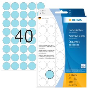 Viacúčelové etikety modré Ø 19 mm okrúhly papier matný 1280 ks.