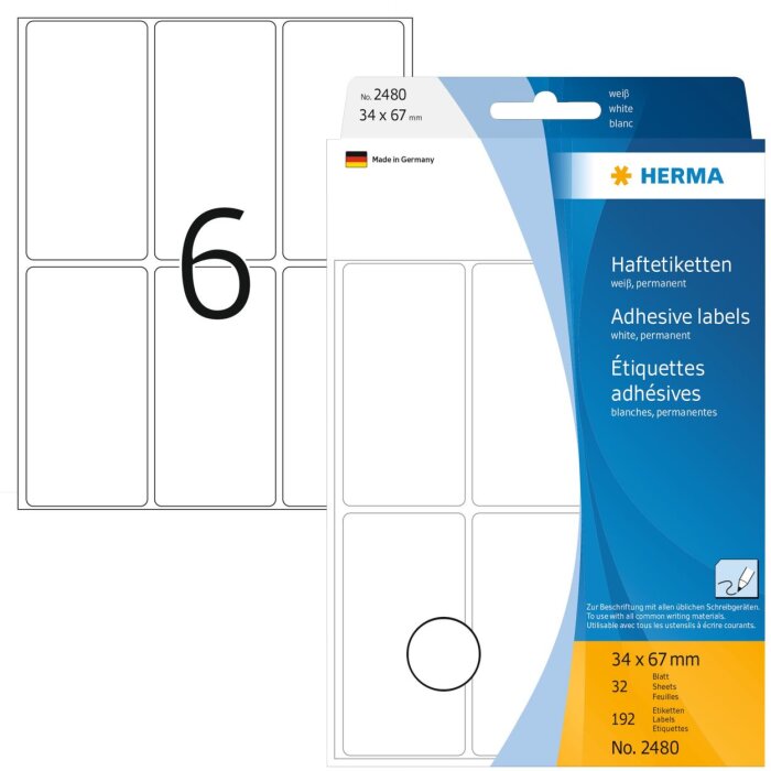 Viacúčelové etikety biele 34x67 mm papier matný 192 ks.