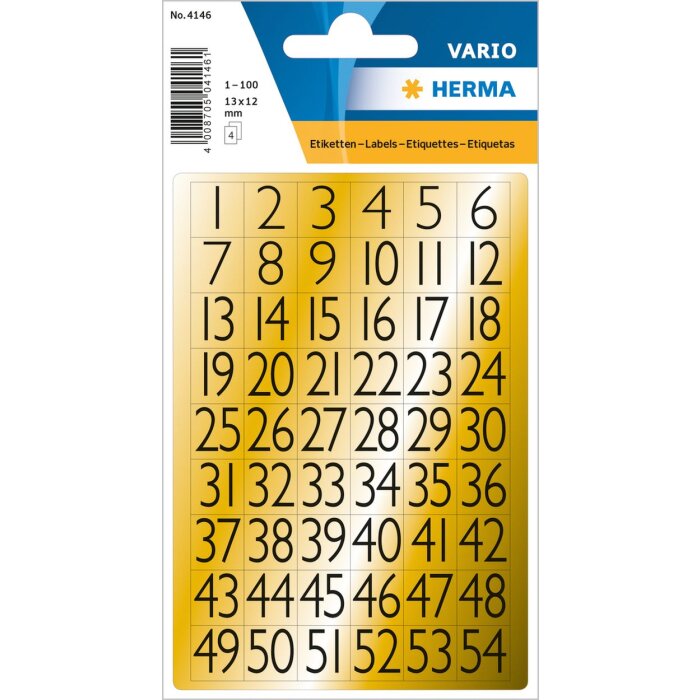 Čísla 13x12 mm 1-100 zlatá fólia čierna 4 listy