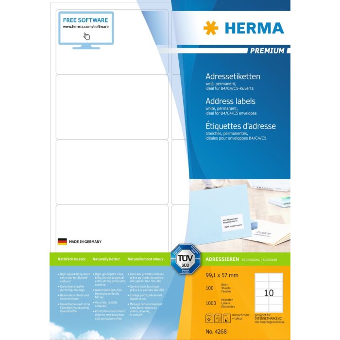 Adresné štítky Premium A4, biely matný papier 99,1x57 mm 1000 ks.
