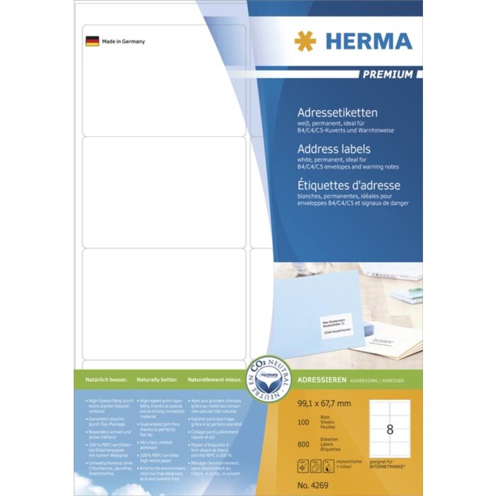 Adresné štítky Premium A4, biely papier 99,1x67,7 mm matný 800 ks.