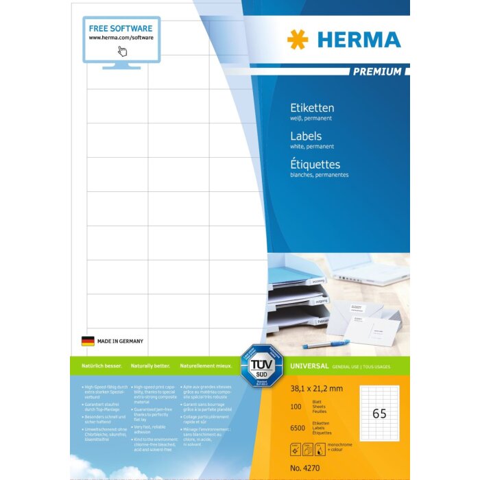 Štítky Premium A4, biely matný papier 38,1x21,2 mm 6500 ks.