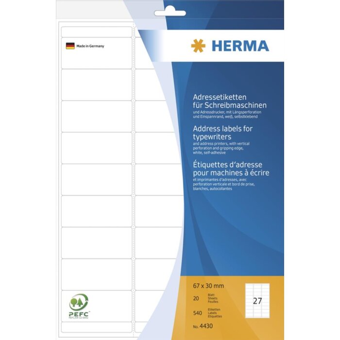Adresné štítky pre písacie stroje A4 67x30 mm papier matné rohy okrúhle 540 ks.