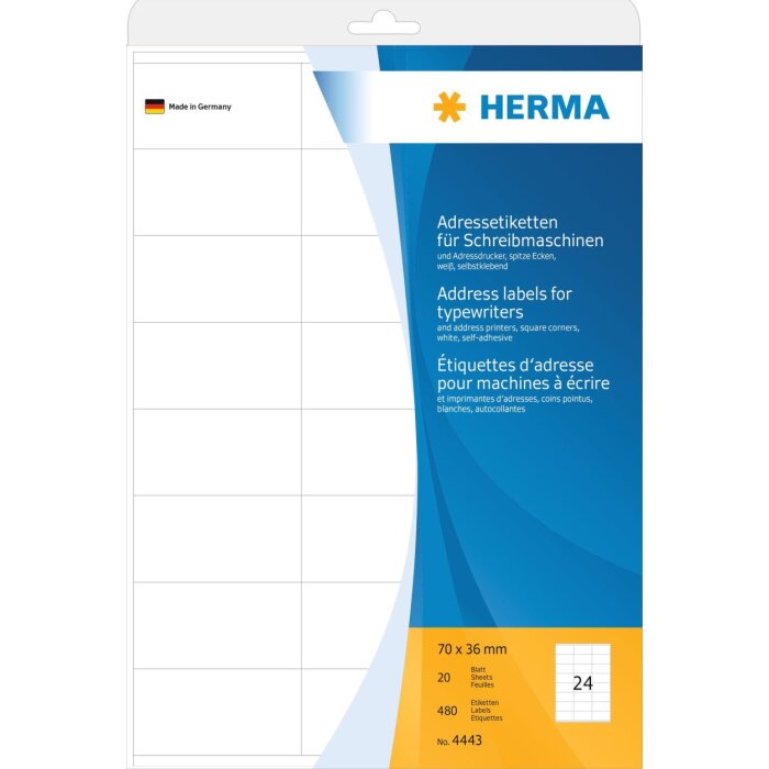Adresné štítky pre písacie stroje A4 70x36 mm papier matné rohy špicaté 480 ks.