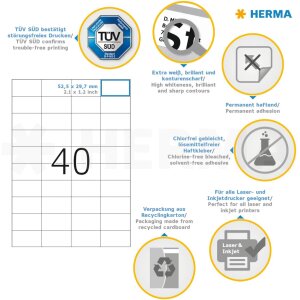 HERMA Etikety Premium A4, biely matný papier 52,5x29,7 mm 4000 ks.