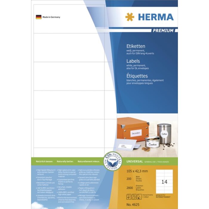 Etikety Premium A4, biely papier 105x42,3 mm matný 2800 ks.